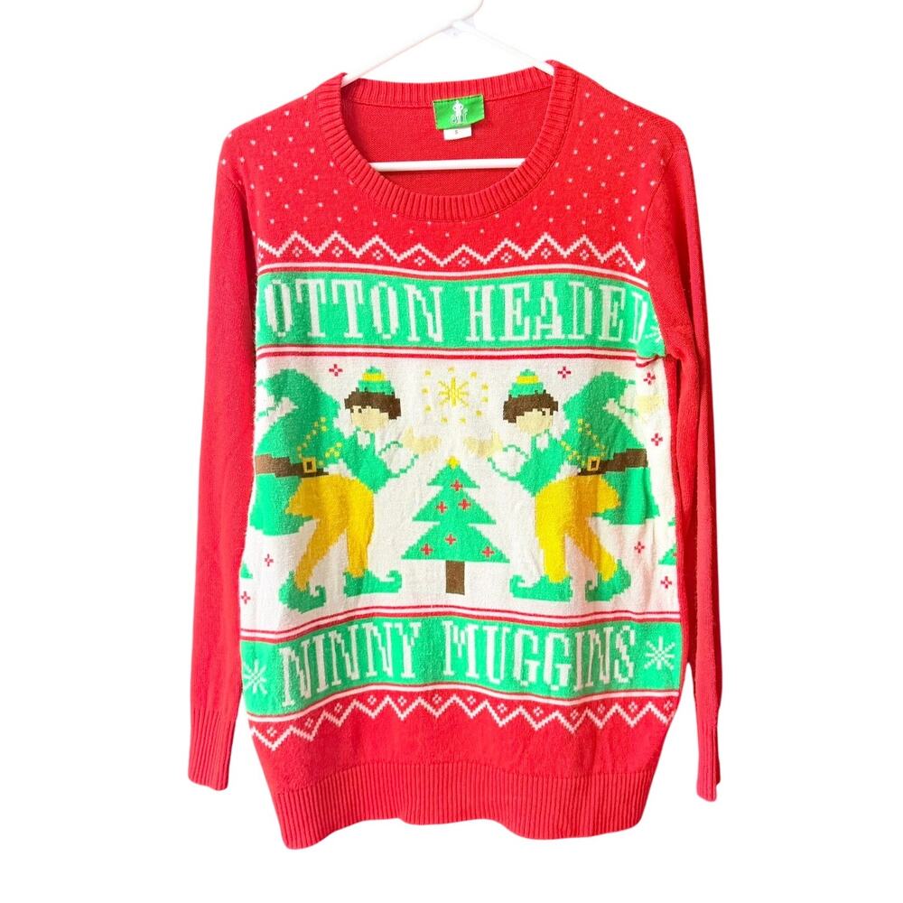 ELF Unisex Cotton Headed Ninny Muggins Red Green Knit Sweater Size‎ S Christmas